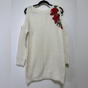 Papaya | Off-White Cut-Out Shoulder Sweater with Rose Embroidery | Knit Tunic